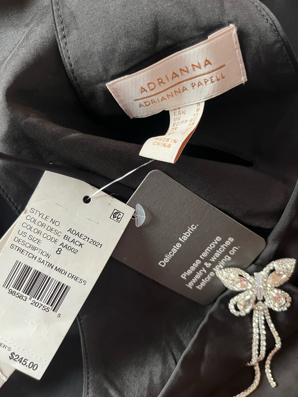 NWT Size 8 Adrianna Papell Stretch Satin Halter Dress with Crystal Butterfly - Picture 7 of 7